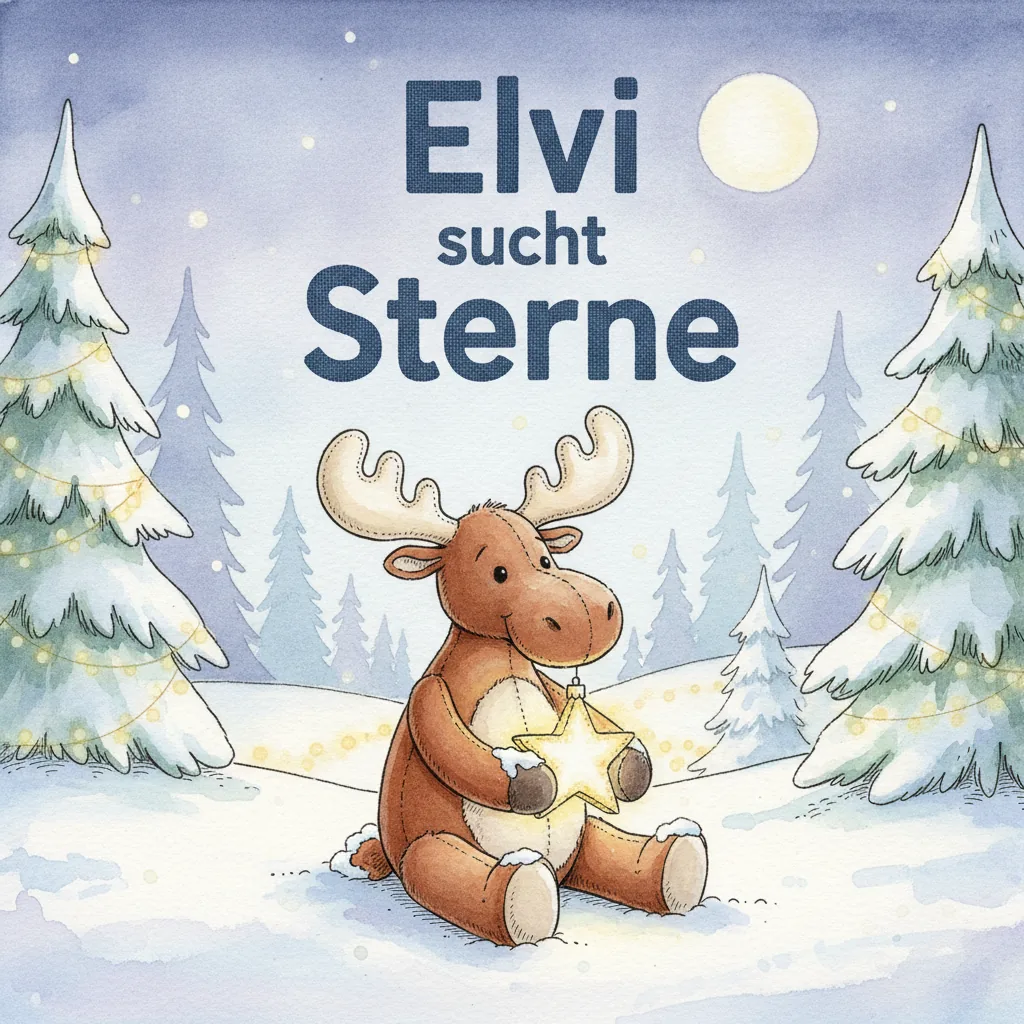 Beispiel-Buchcover „Elvi sucht Sterne": der Plüsch-Elch sitzt im Schnee zwischen beleuchteten Tannen und hält einen leuchtenden goldenen Stern, darüber der Mond