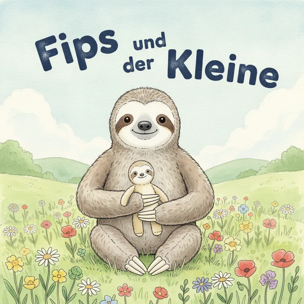 Beispiel-Buchcover „Fips und der Kleine" mit dem Plüsch-Faultier als Held