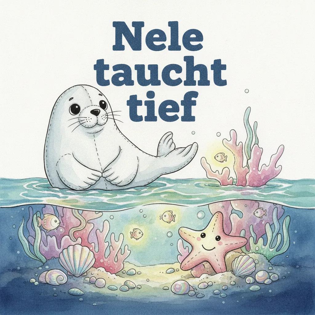 Beispiel-Buchcover „Nele taucht tief": die Plüsch-Robbe sitzt auf hellem Sandboden zwischen bunten Korallen und hält eine große Muschel, daneben ein kleiner Plüsch-Oktopus