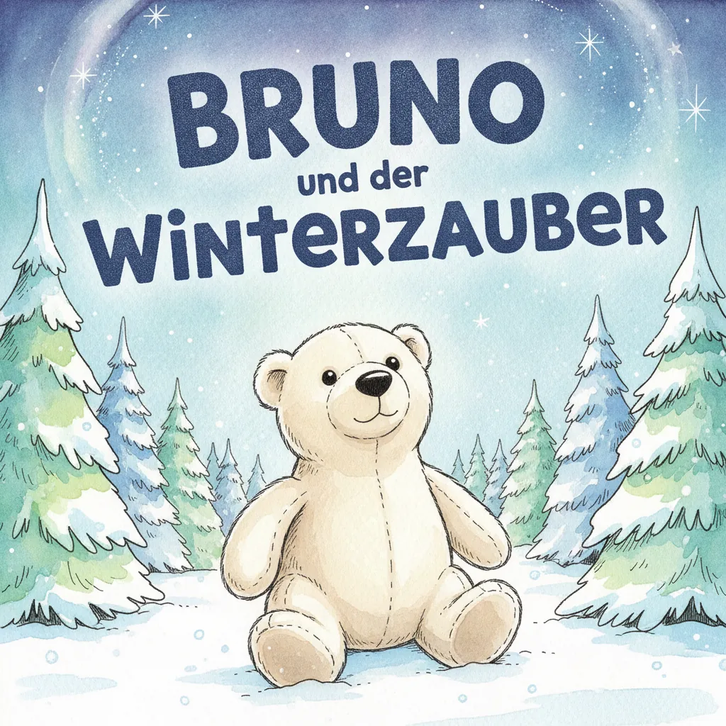Beispiel-Buchcover „Bruno und der Winterzauber" mit dem Plüsch-Eisbären als Held