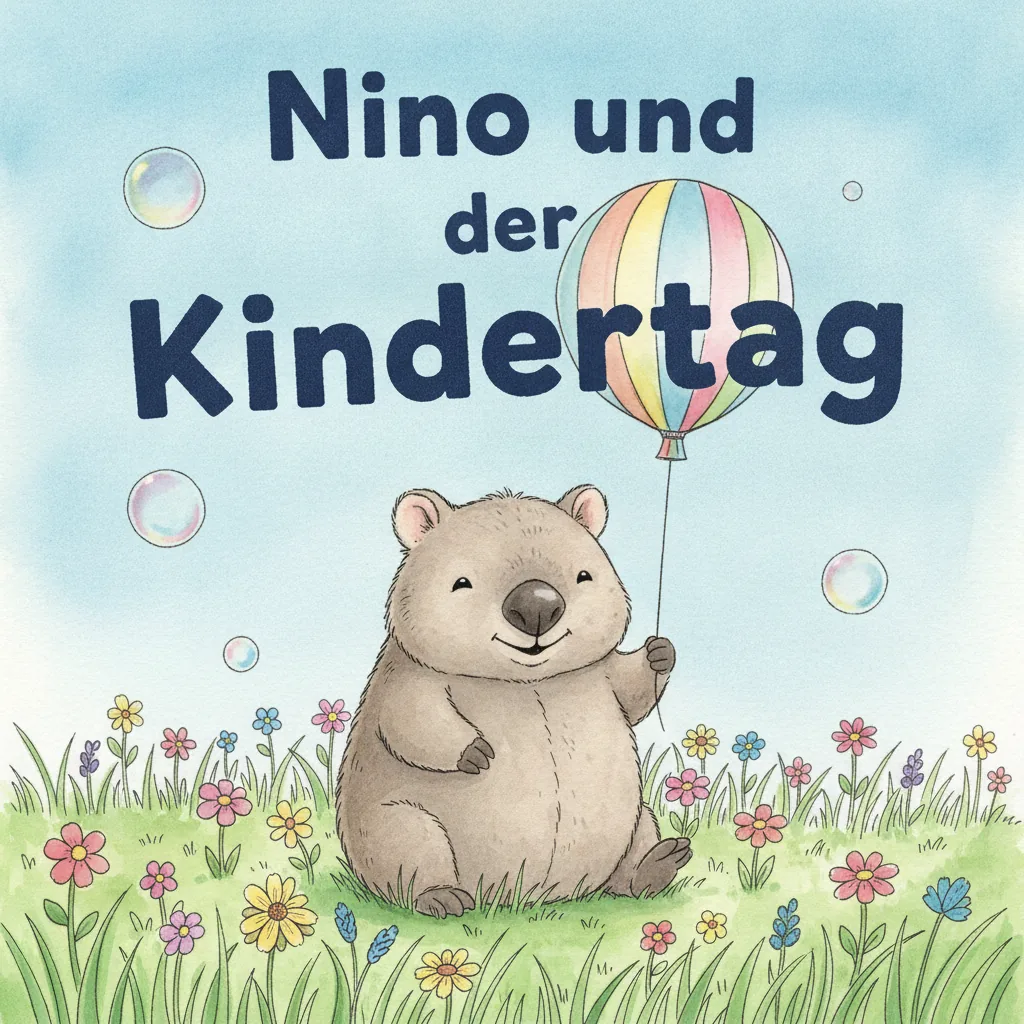 Beispiel-Buchcover „Nino und der Kindertag" mit dem Plüsch-Wombat als Held