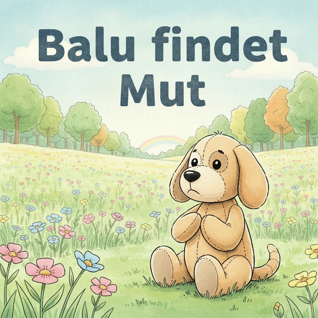 Beispiel-Buchcover „Balu findet Mut“: der Plüsch-Hund sitzt am Rand einer sonnigen Blumenwiese, dahinter eine Baumreihe und ein zarter Regenbogen