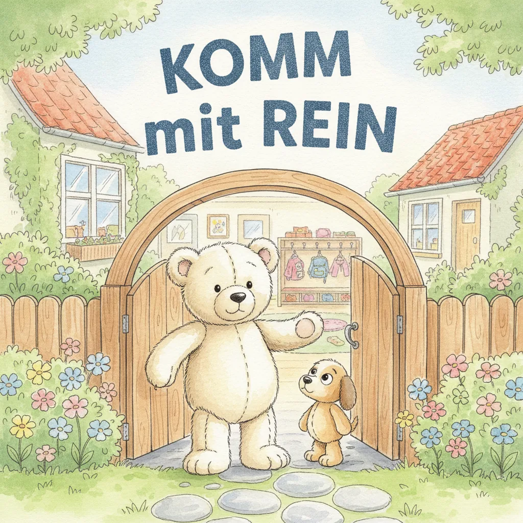 Beispiel-Buchcover „Komm mit rein“ für ein Gruppenbuch zum Thema Eingewöhnung