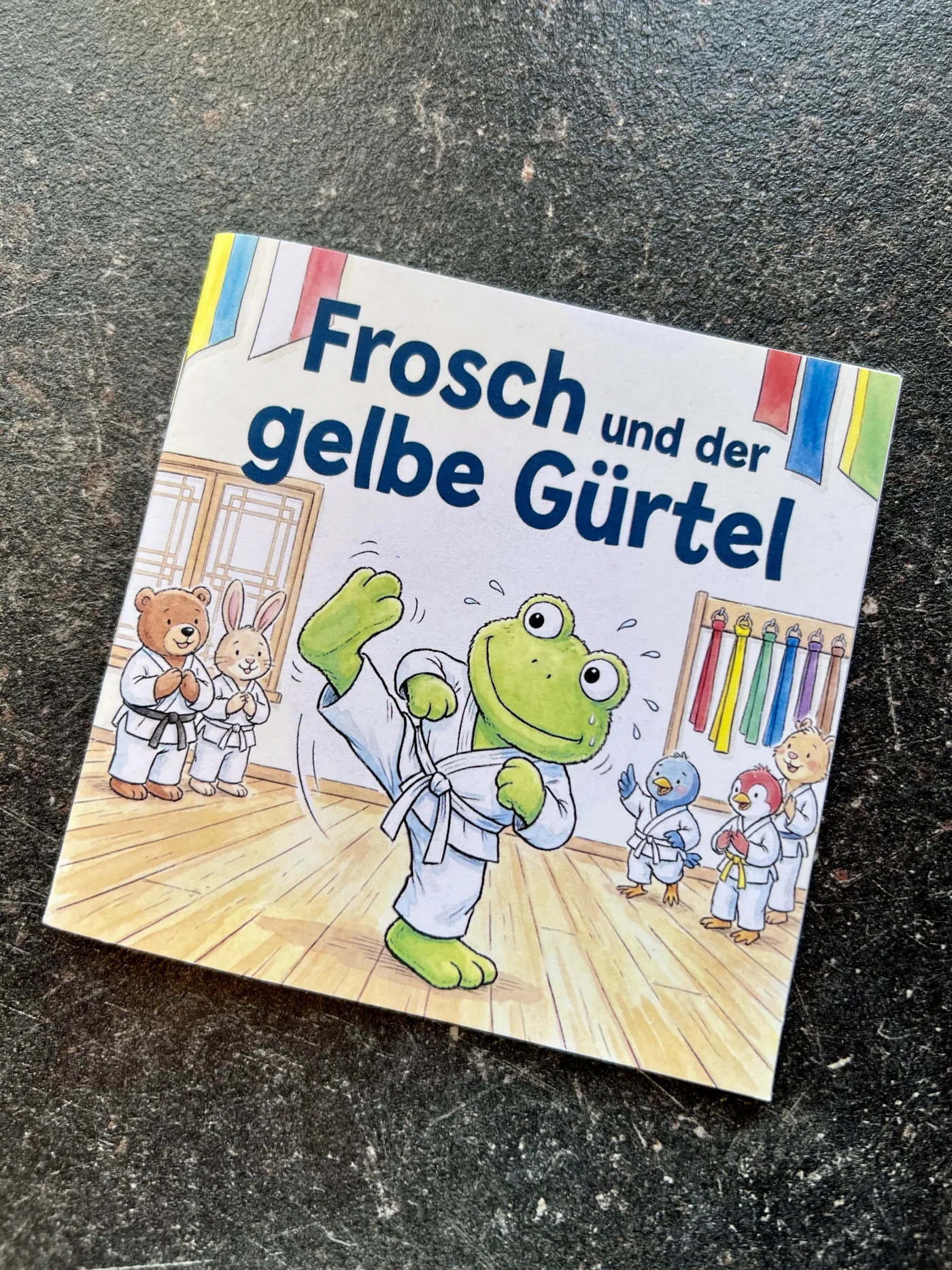 Ein fertig gedrucktes Knuffel-Buch mit dem Titel „Frosch und der gelbe Gürtel“. Auf dem Cover übt ein Plüschfrosch im Judoanzug einen Tritt, ringsum schauen andere Kuscheltiere zu.