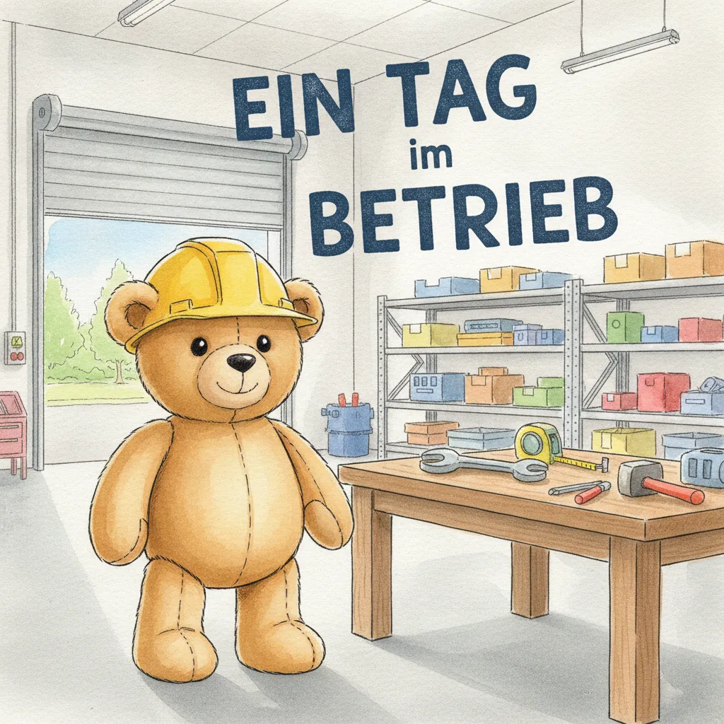Buchcover mit dem Titel „Ein Tag im Betrieb“: Ein Teddybär mit gelbem Schutzhelm steht in einer hellen Werkhalle neben einer Werkbank mit Werkzeug. Dahinter Regale mit bunten Kisten und ein offenes Rolltor.