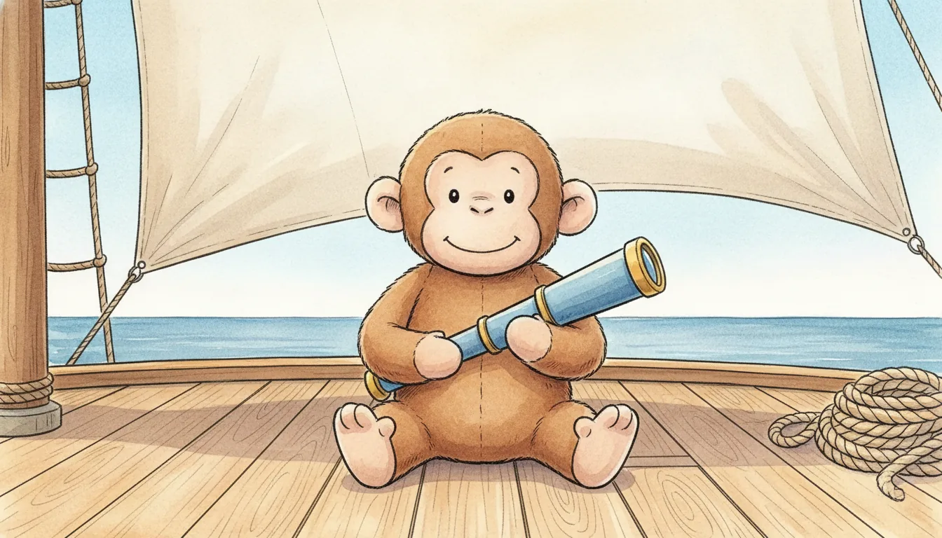 Plüsch-Affe sitzt mit einem gebastelten Fernrohr an Deck eines Segelschiffs, Aquarell-Illustration