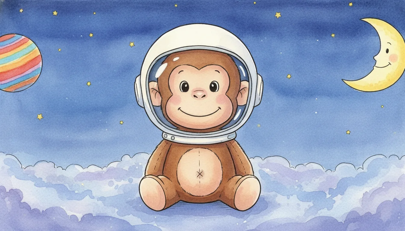Plüsch-Affe im Astronautenhelm sitzt vor bunten Planeten und einem lächelnden Mond, Aquarell-Illustration