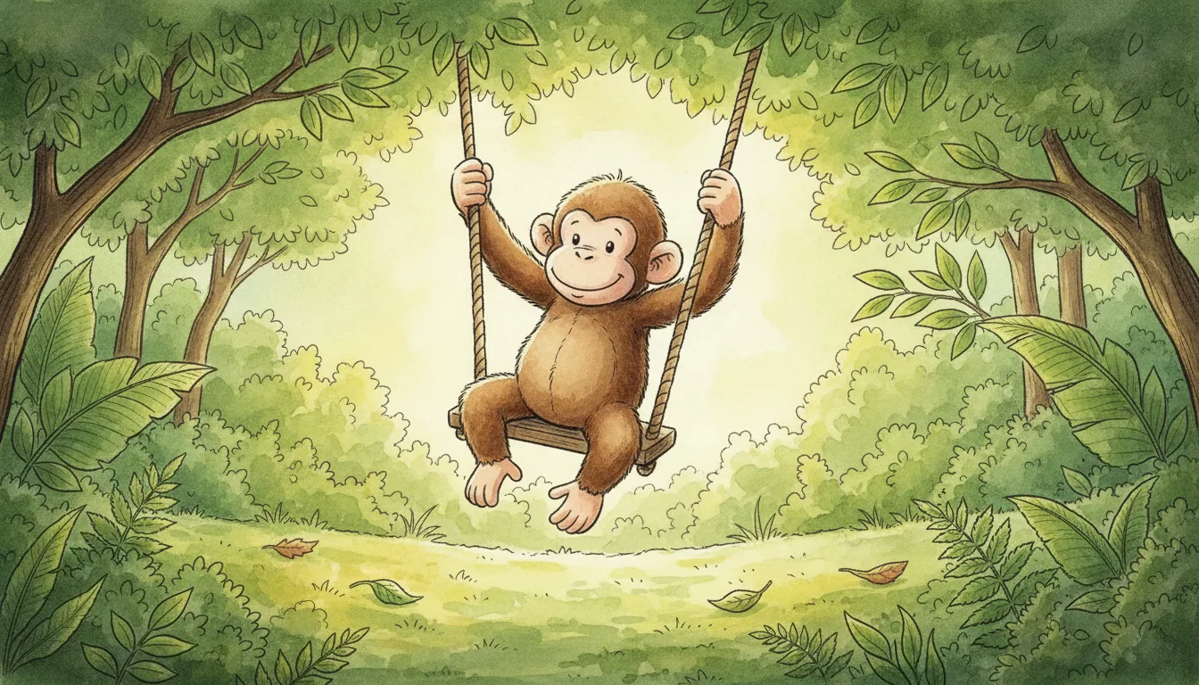 Plüsch-Affe als Aquarell-Held, der zwischen Blättern an einem Seil schaukelt
