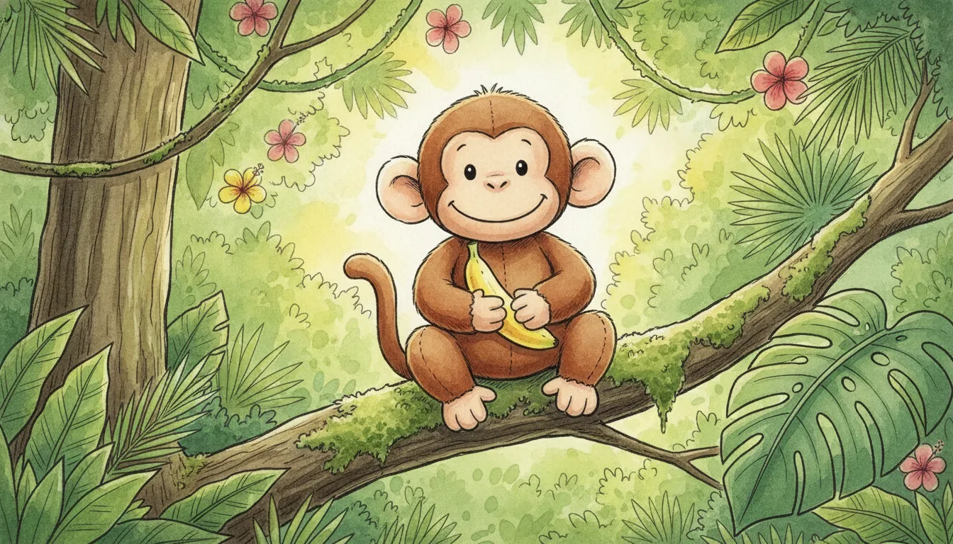 Plüsch-Affe sitzt mit einer Banane auf einem dicken Ast im grünen Dschungel, Aquarell-Illustration