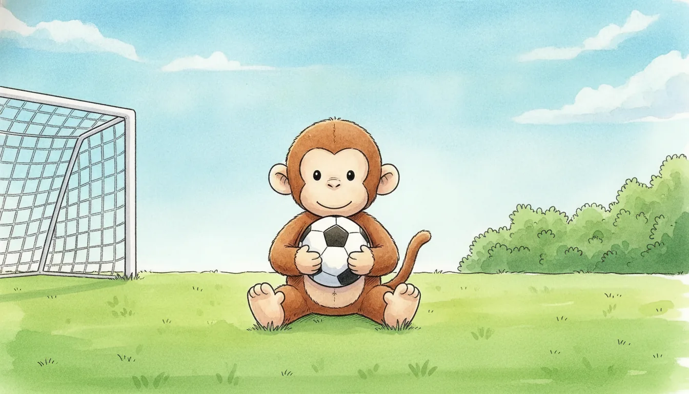 Plüsch-Affe sitzt mit einem Fußball auf dem Rasen vor einem kleinen Tor, Aquarell-Illustration