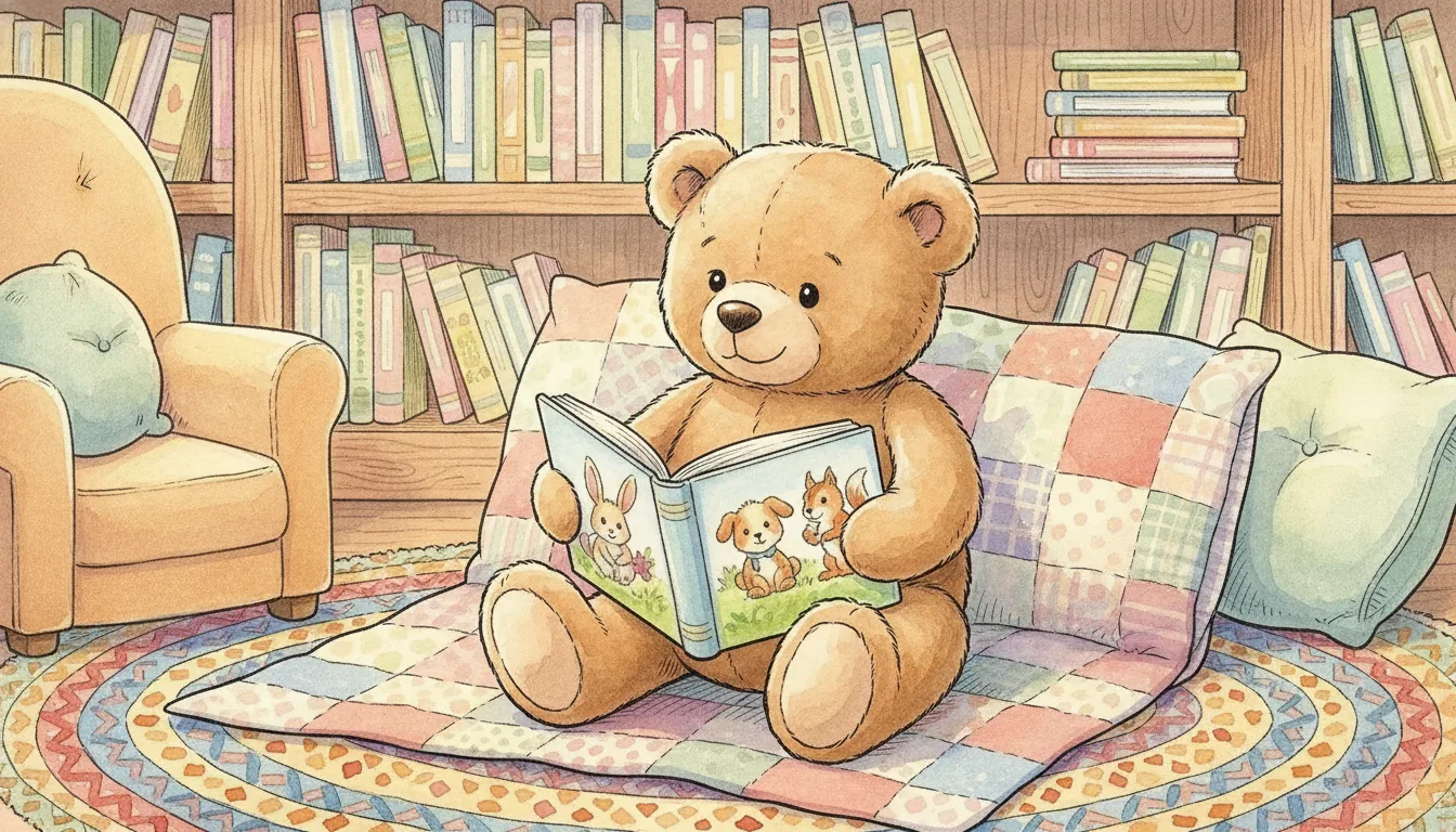 Teddybär als Aquarell-Held, der einem Kind ein Bilderbuch zeigt