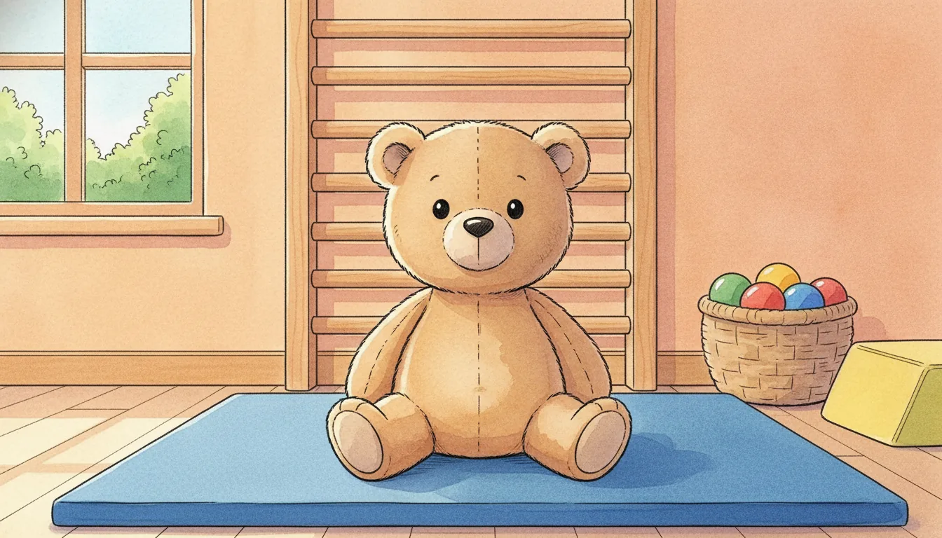 Plüsch-Bär sitzt auf einer weichen Turnmatte in einem hellen Bewegungsraum, Aquarell-Illustration
