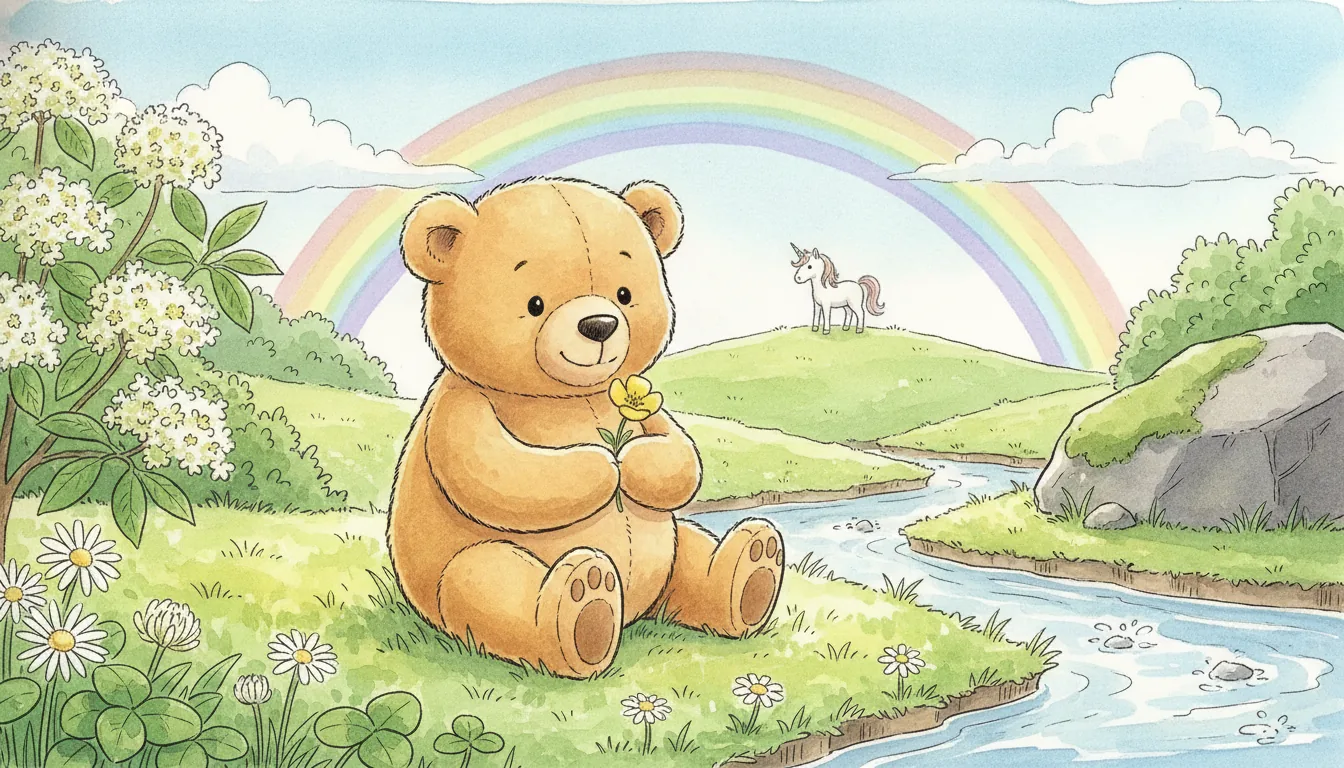 Plüsch-Bär sitzt am Bach auf einer Blumenwiese, hinten ein Einhorn auf dem Hügel, Aquarell-Illustration