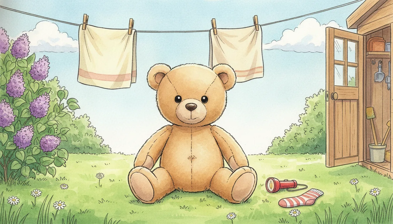 Plüsch-Bär sitzt im sonnigen Garten unter einer Wäscheleine, an der eine einzelne Socke fehlt, daneben eine kleine Taschenlampe, Aquarell-Illustration