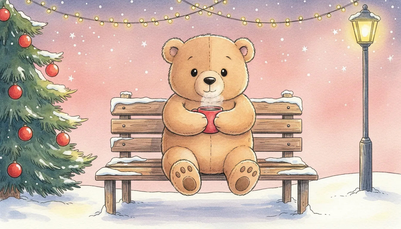 Plüsch-Bär sitzt auf einer verschneiten Holzbank unter einer Lichterkette zwischen Tannen, Aquarell-Illustration