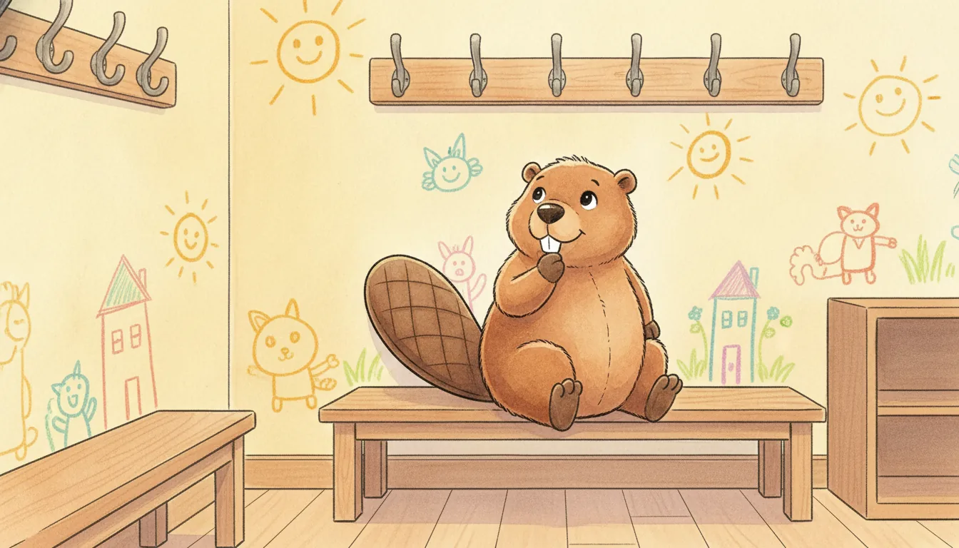 Plüsch-Biber sitzt vor einer leeren Kita-Garderobe, Aquarell-Illustration