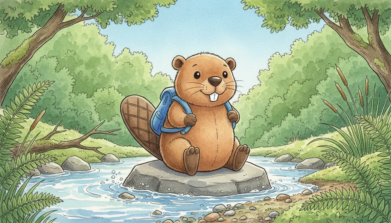 Plüsch-Biber als Aquarell-Held mit einem kleinen Rucksack am Bachufer
