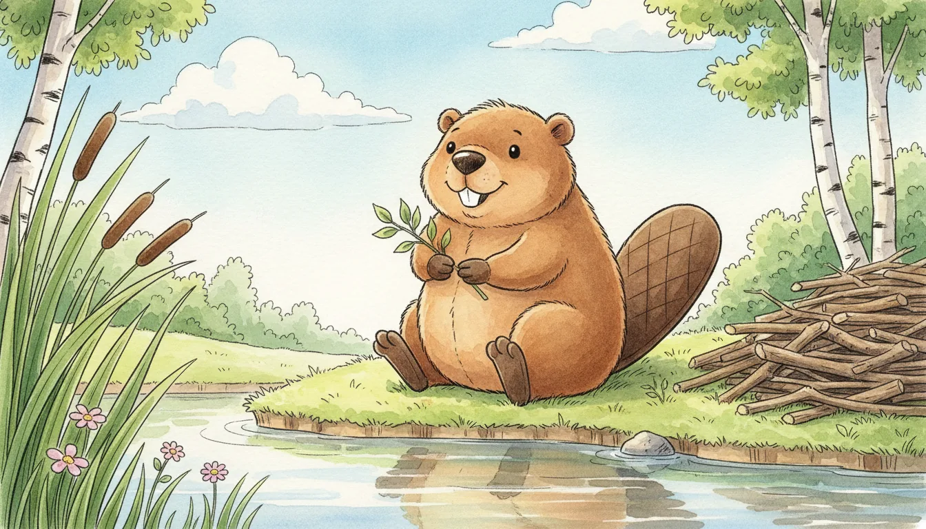 Plüsch-Biber sitzt als Aquarell-Held mit einem Ast am Ufer eines Teichs