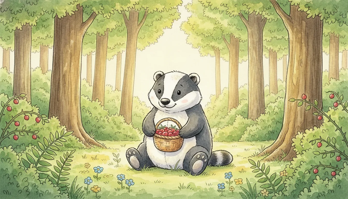 Plüsch-Dachs als Aquarell-Held auf einer Waldlichtung voller Beeren