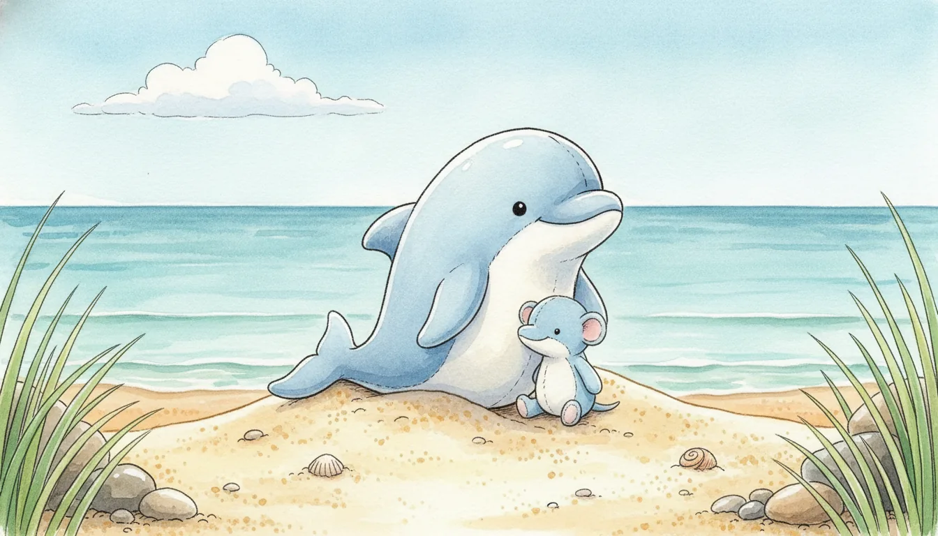 Plüsch-Delfin als Aquarell-Held am Sandstrand, neben ihm ein kleineres Stofftier