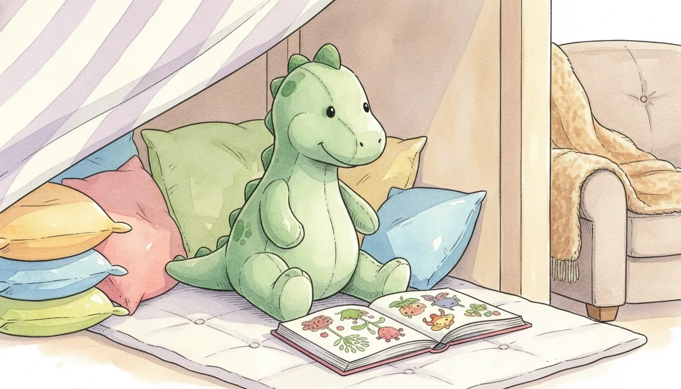 Plüsch-Dino sitzt als Aquarell-Held in einer Kissenhöhle mit aufgeschlagenem Bilderbuch