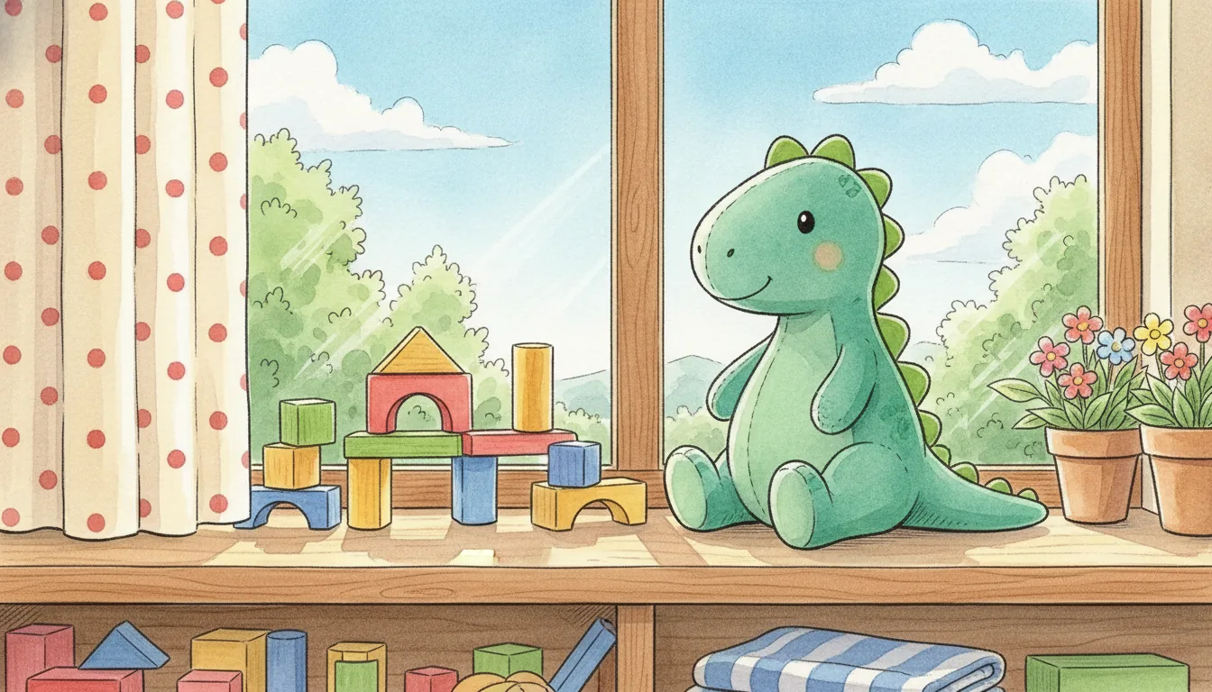 Grüner Plüsch-Dino sitzt zwischen Holzbausteinen am Fenster, Aquarell-Illustration