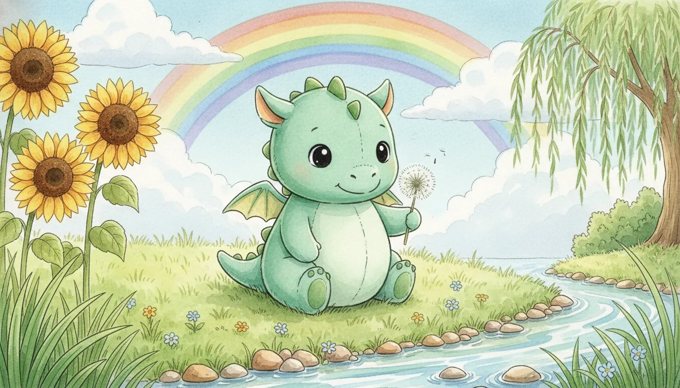 Plüsch-Drache sitzt mit einer Pusteblume am Bachufer, über ihm ein Regenbogen, Aquarell-Illustration