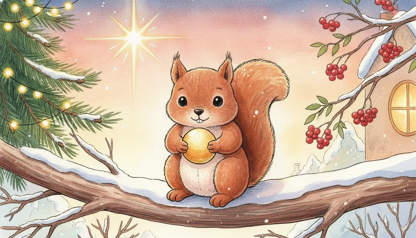 Plüsch-Eichhörnchen sitzt auf einem verschneiten Ast neben einer warm leuchtenden Lichterkette, Aquarell-Illustration