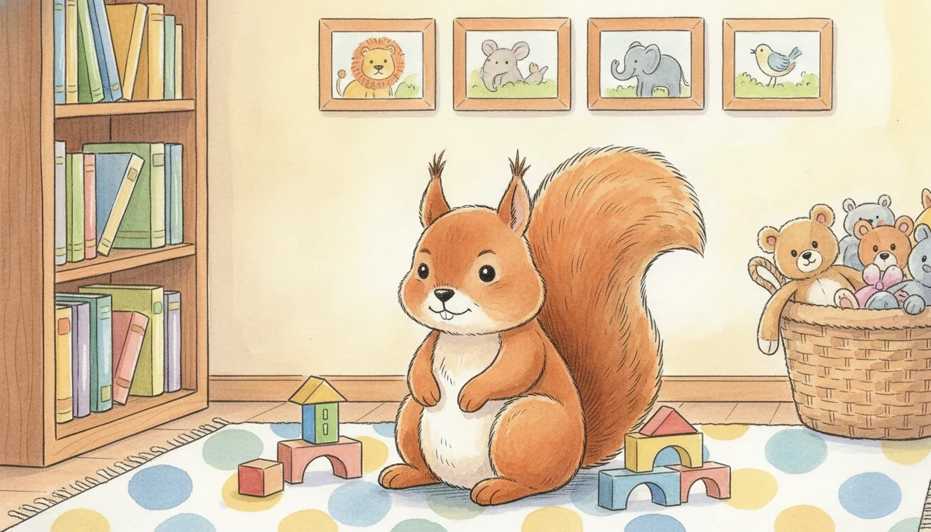 Plüsch-Eichhörnchen als Aquarell-Held auf einem Teppich zwischen bunten Bauklötzen