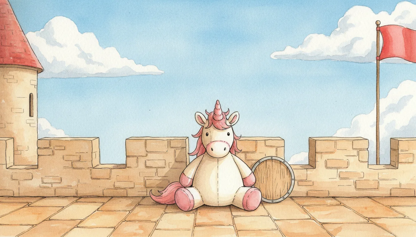Plüsch-Einhorn sitzt auf einer Burgmauer neben einem kleinen runden Holzschild, Aquarell-Illustration