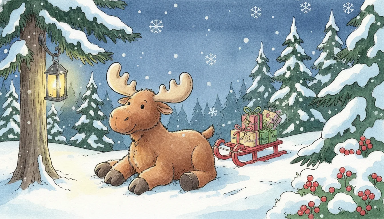 Plüsch-Elch liegt im Schnee vor einem Schlitten voller Päckchen, Aquarell-Illustration