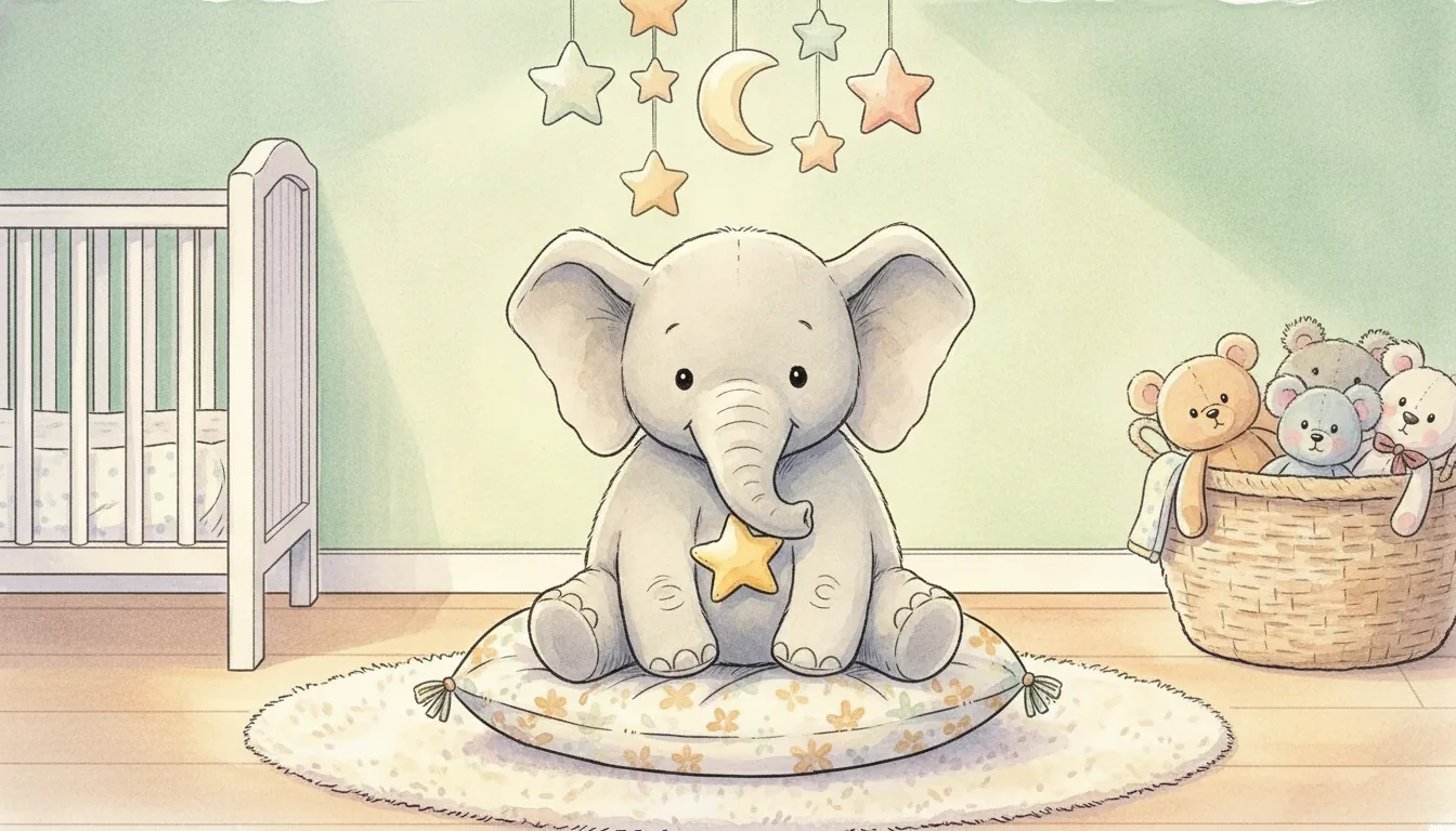 Plüsch-Elefant sitzt im Schlafanzug auf einem Kissen unter einem Sternenmobile, Aquarell-Illustration