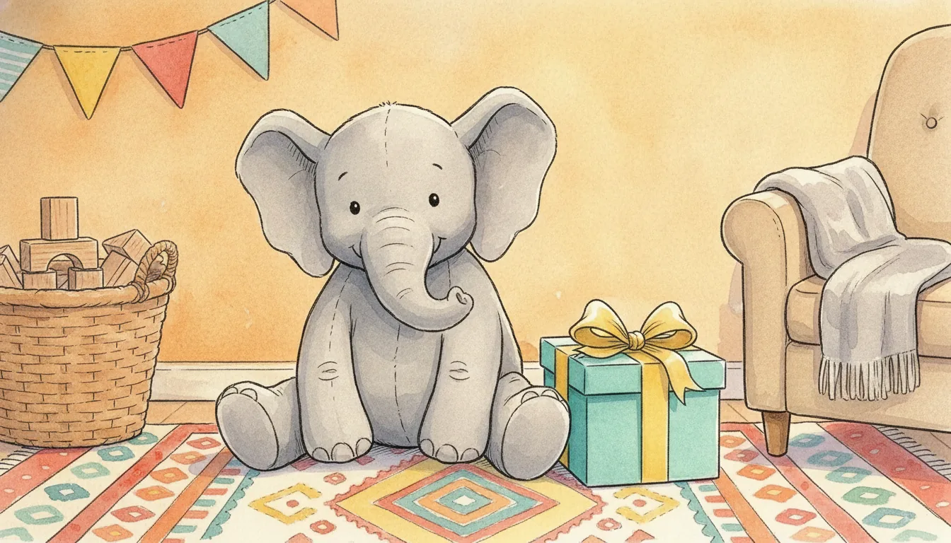 Grauer Plüsch-Elefant sitzt auf einem Teppich neben einem Geschenkpaket mit Schleife, Aquarell-Illustration