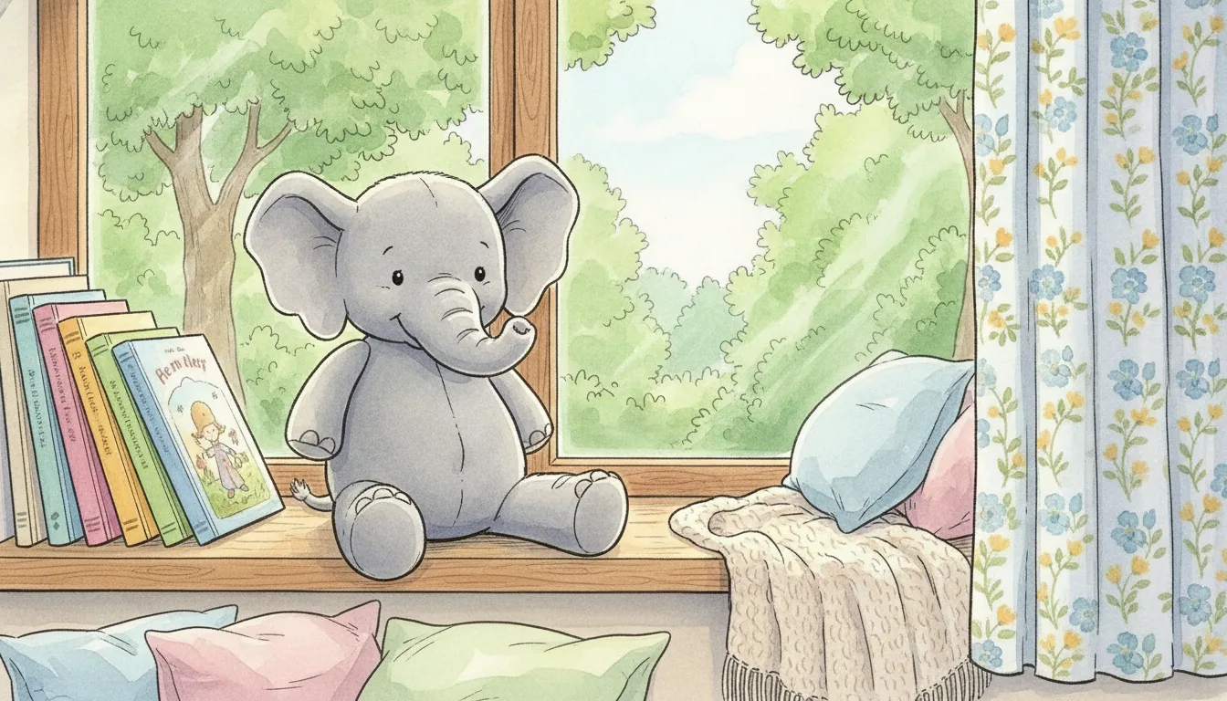 Grauer Plüsch-Elefant sitzt am Fenster einer Leseecke, Aquarell-Illustration