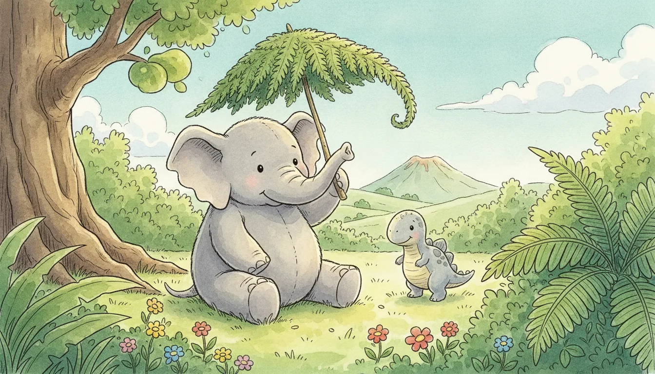 Plüsch-Elefant sitzt in einem sonnigen Urzeitdschungel und hält einen Farnwedel, Aquarell-Illustration