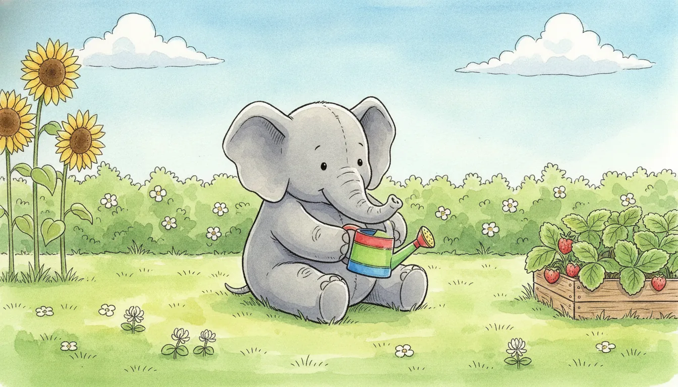 Plüsch-Elefant sitzt mit einer Gießkanne in einem sonnigen Garten, Aquarell-Illustration