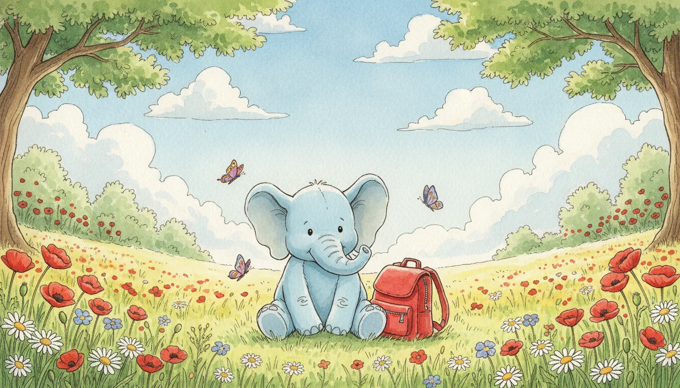 Plüsch-Elefant sitzt mit einem kleinen Rucksack auf einer sonnigen Blumenwiese, Aquarell-Illustration