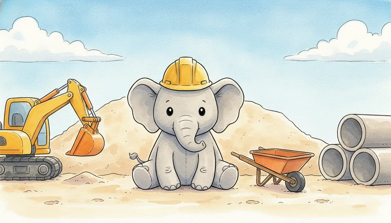 Plüsch-Elefant mit gelbem Bauhelm sitzt vor einem großen Sandhaufen neben einer hölzernen Schubkarre, Aquarell-Illustration