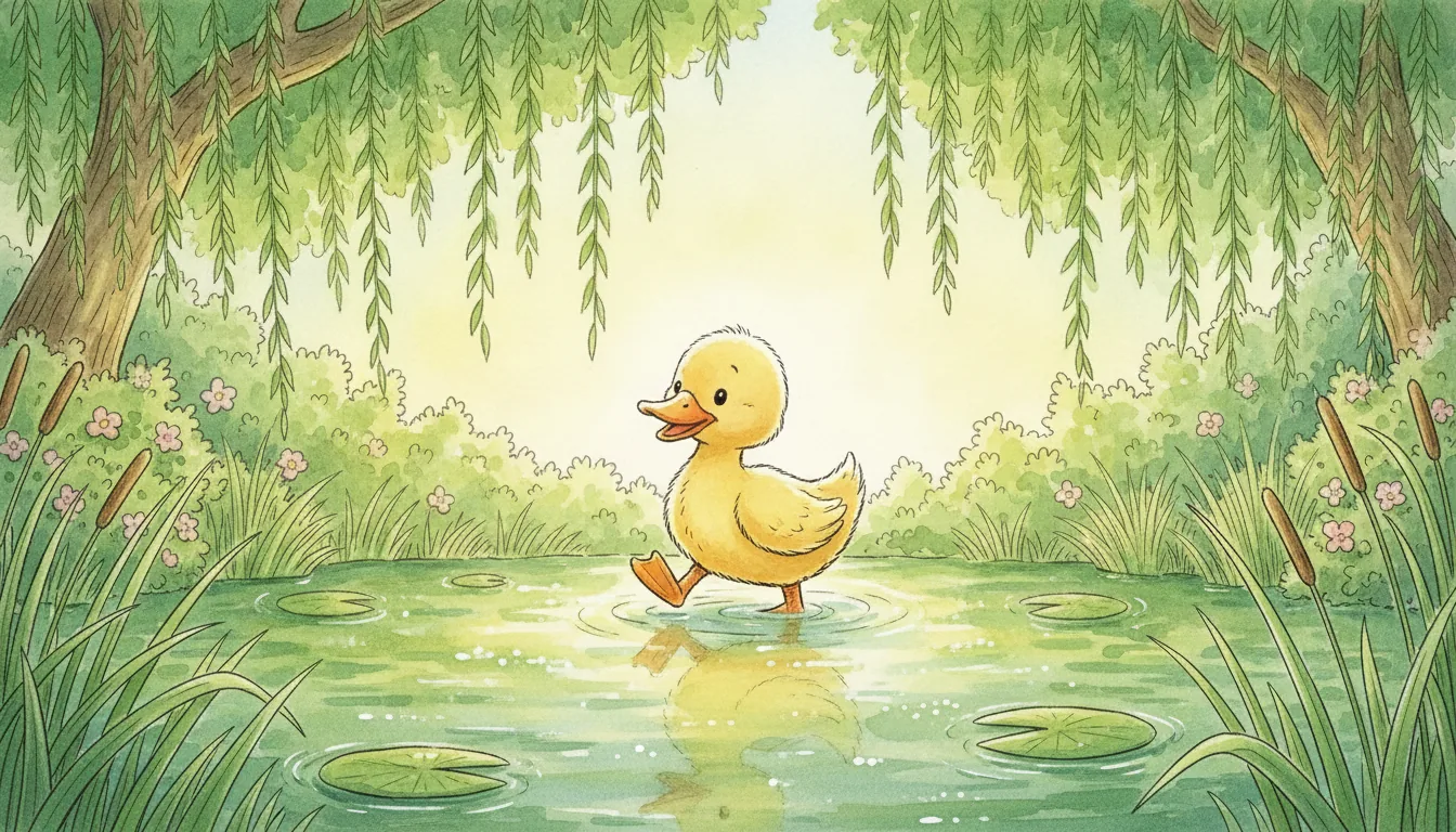 Plüsch-Ente als Aquarell-Held im flachen Wasser eines sonnigen Teichs
