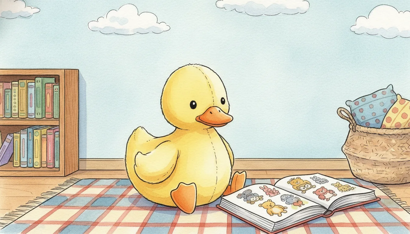 Plüsch-Ente als Aquarell-Held auf einer karierten Decke neben einem aufgeschlagenen Bilderbuch