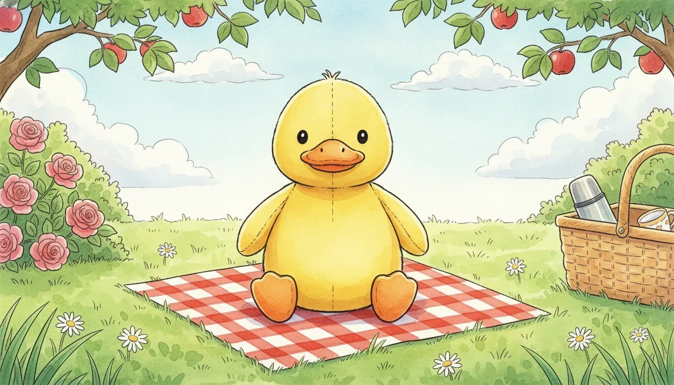 Gelbe Plüsch-Ente sitzt auf einer karierten Picknickdecke im Garten, Aquarell-Illustration