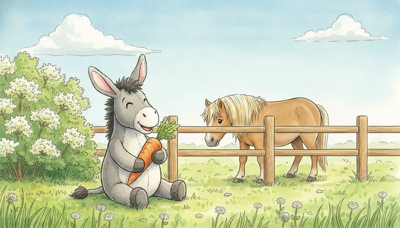 Plüsch-Esel sitzt am Koppelzaun auf einer Blumenwiese, dahinter grast ein Pony, Aquarell-Illustration