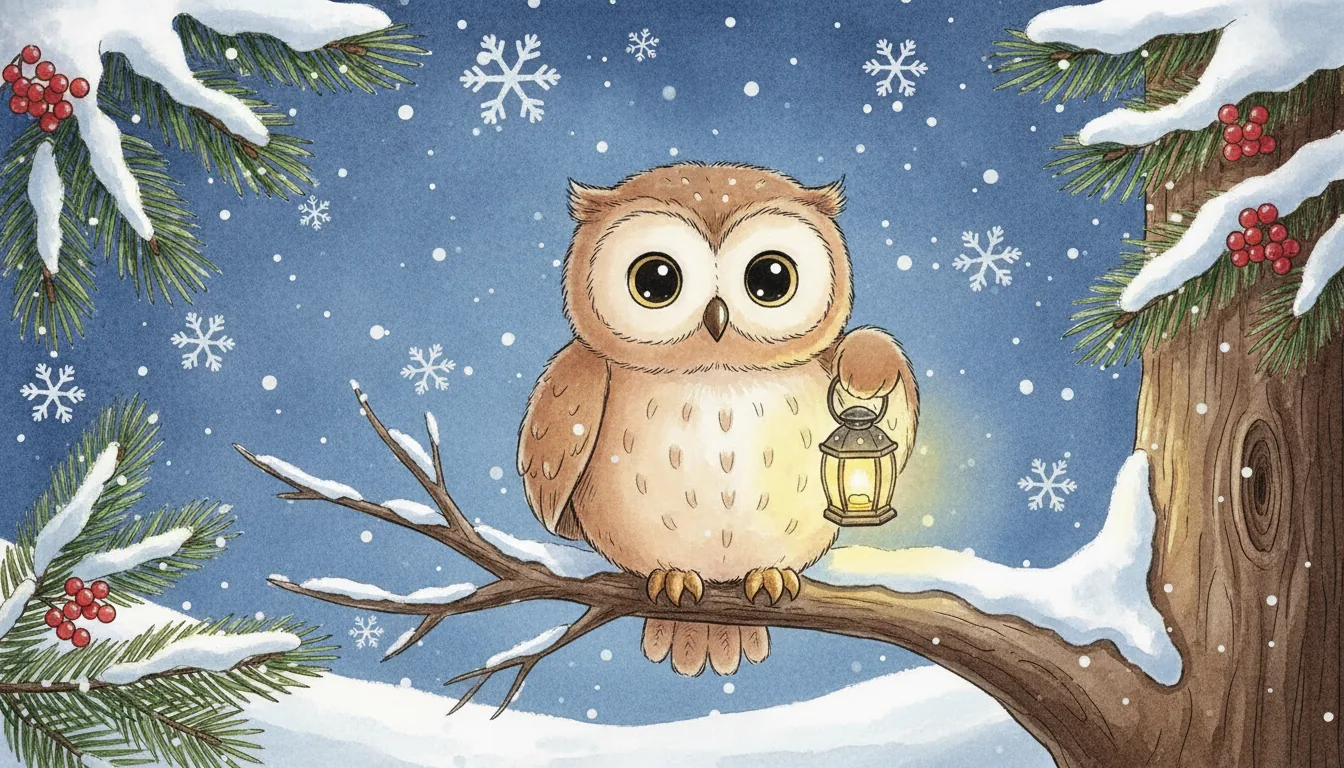Plüsch-Eule sitzt mit einer Laterne auf einem verschneiten Ast, Aquarell-Illustration
