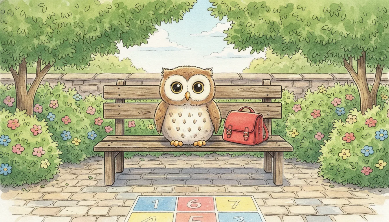 Plüsch-Eule sitzt mit einem Schulranzen auf dem Schulhof, Aquarell-Illustration