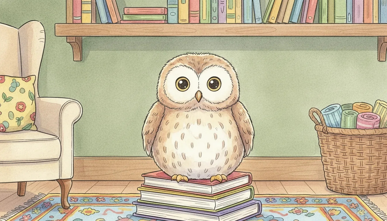 Plüsch-Eule sitzt als Aquarell-Held auf einem Bücherstapel in einer Leseecke