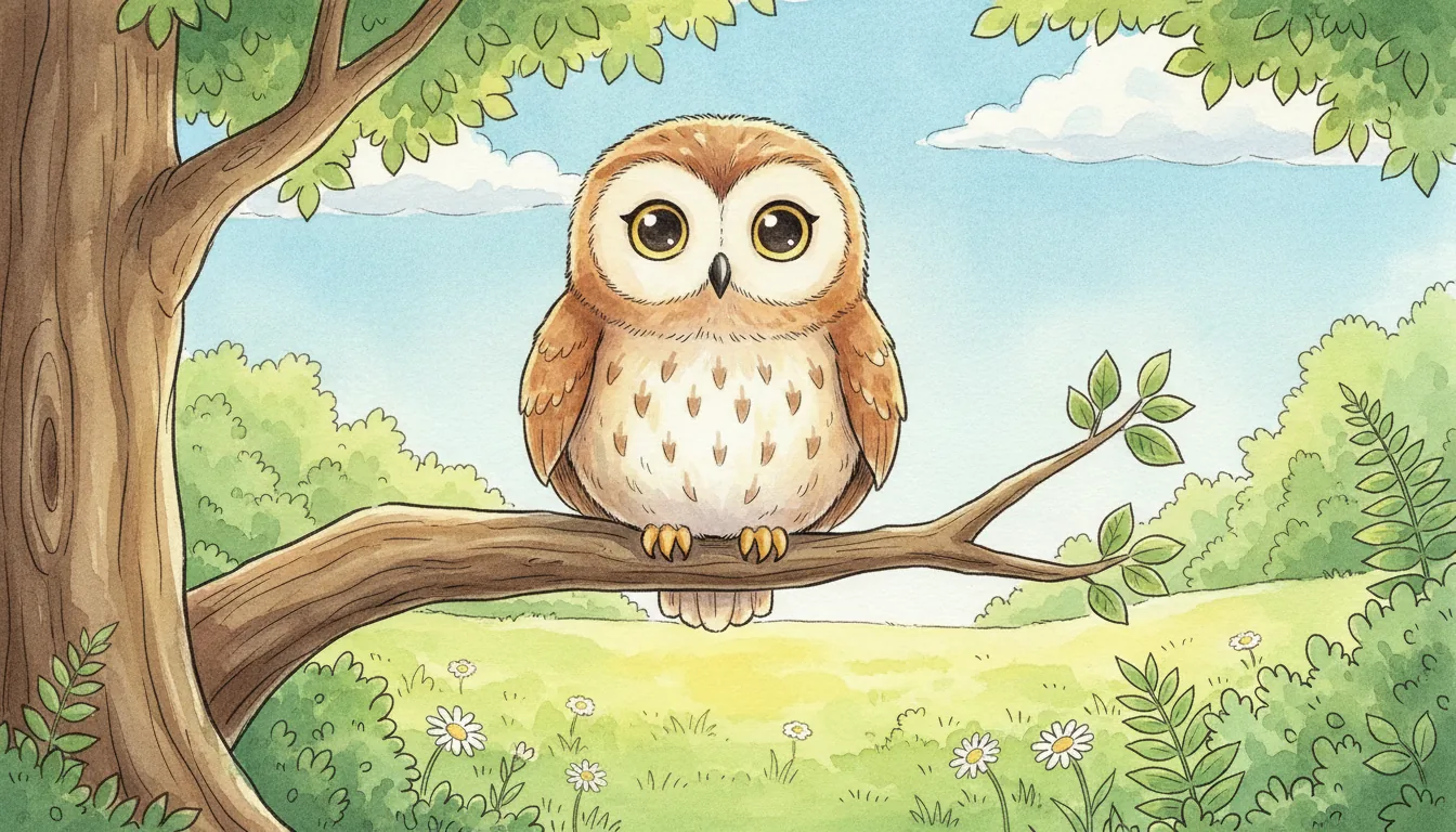 Plüsch-Eule sitzt als Aquarell-Held auf einem Ast über einer sonnigen Lichtung