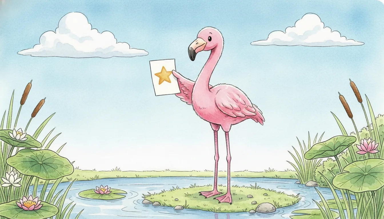 Plüsch-Flamingo als Aquarell-Held mit einem gemalten Sternenblatt an einem sonnigen Teichufer