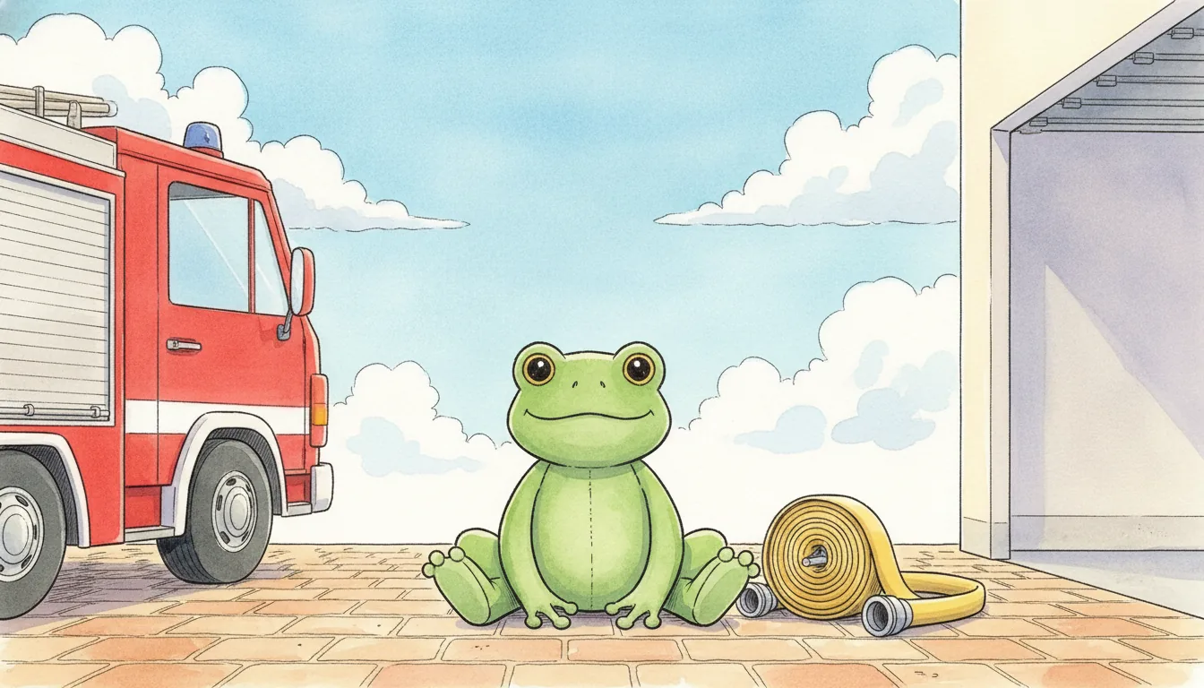 Plüsch-Frosch sitzt im sonnigen Hof einer Feuerwache neben aufgerollten Schläuchen, Aquarell-Illustration
