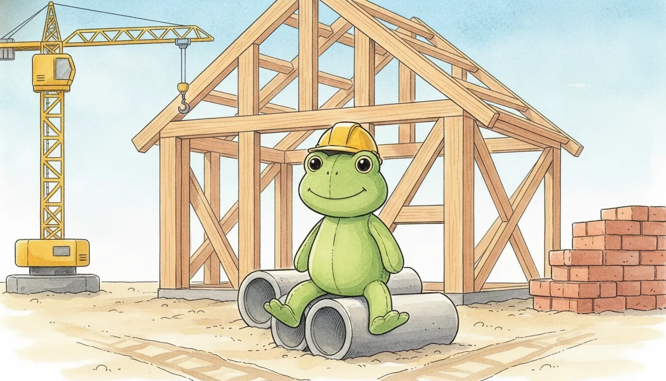 Plüsch-Frosch mit gelbem Bauhelm sitzt auf einem Stapel Betonrohre, dahinter ein halb fertiges Holzhaus, Aquarell-Illustration