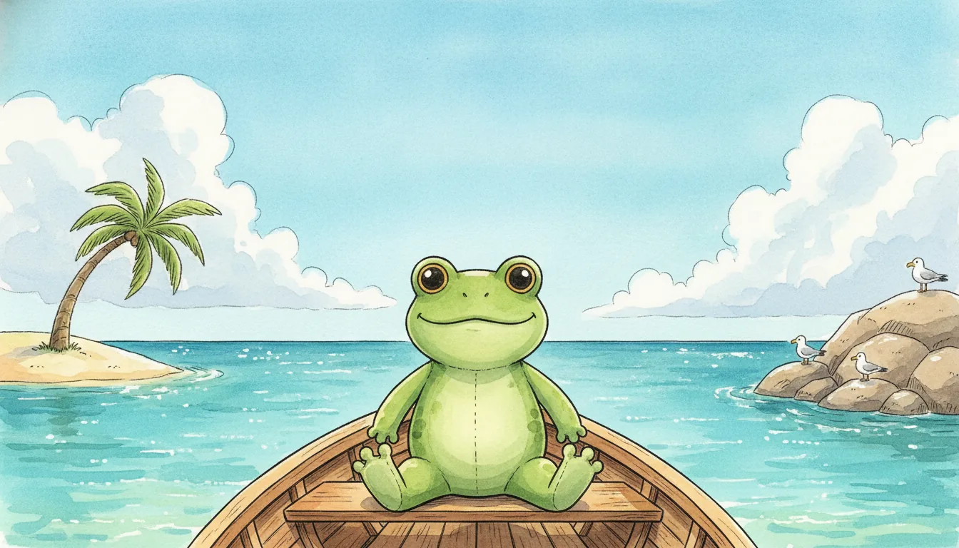 Plüsch-Frosch sitzt in einem kleinen Ruderboot in einer ruhigen türkisblauen Bucht, Aquarell-Illustration